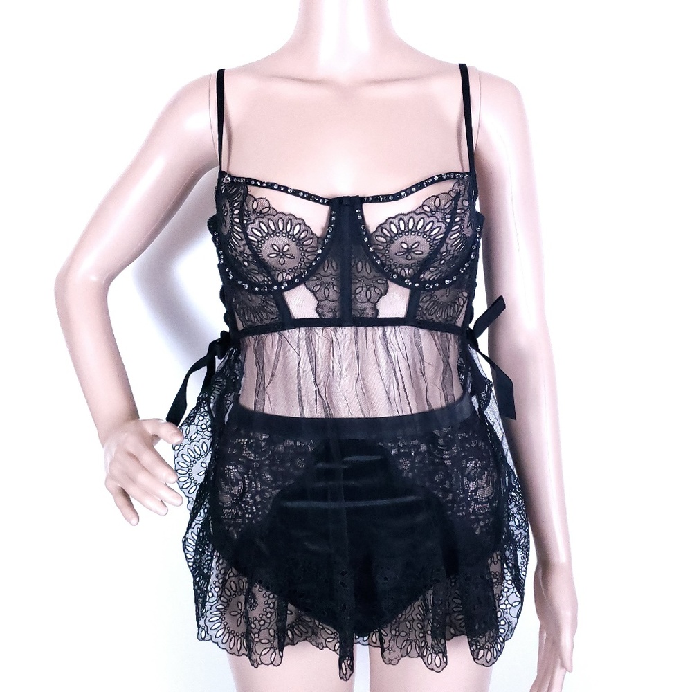 Victoria's Secret Designer Women Babydoll Crystal Bling Black 36C -NWT